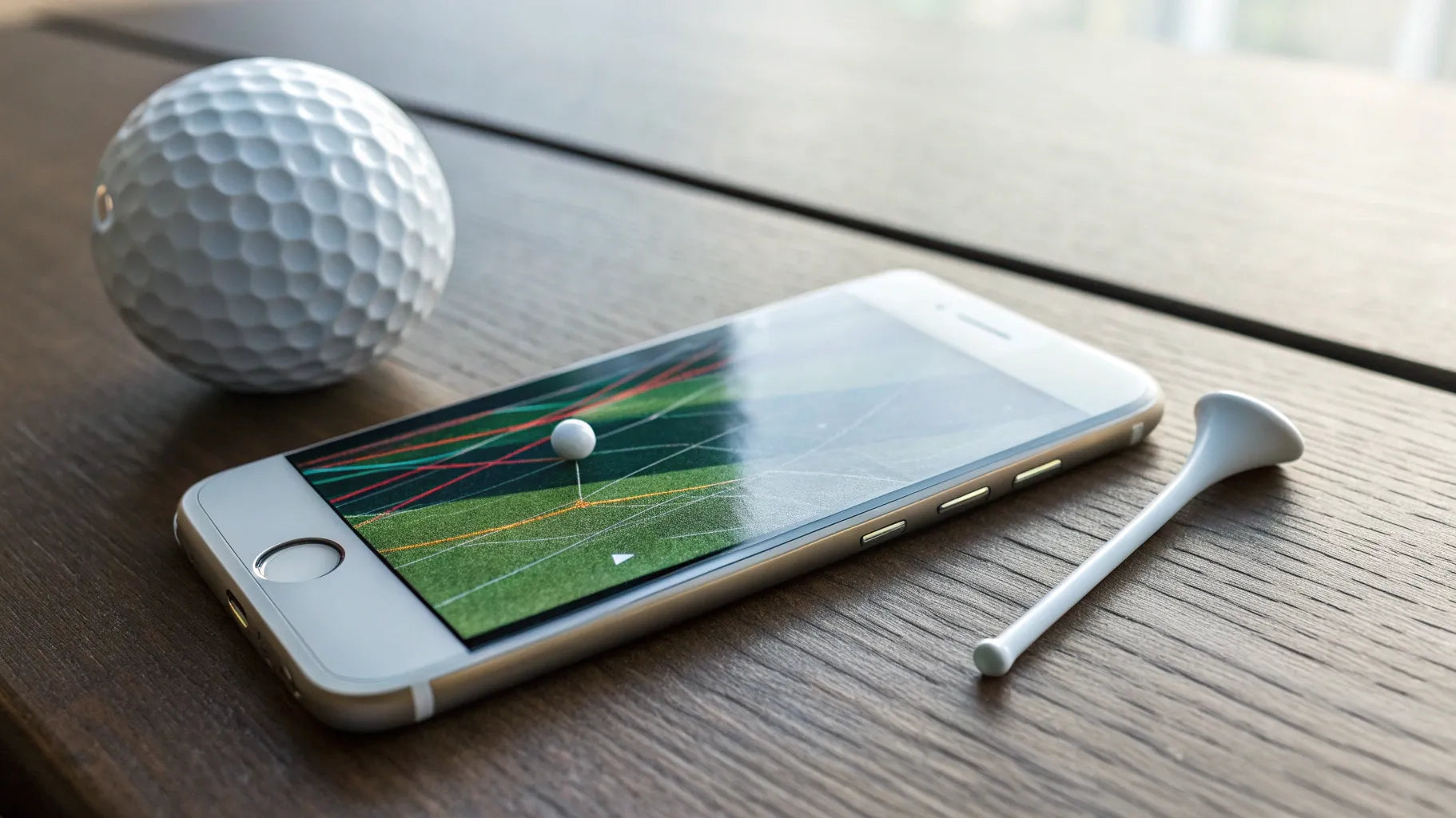 A phone running a launch monitor app to track golf shot data.
