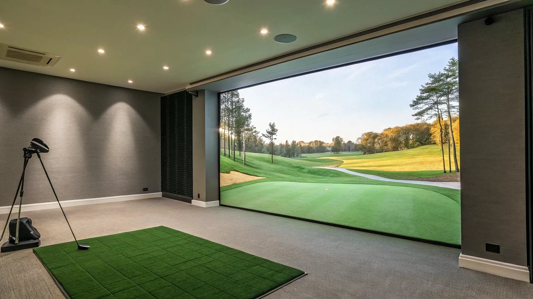 A home golf simulator setup using the best golf sim projector for a bright, clear image.
