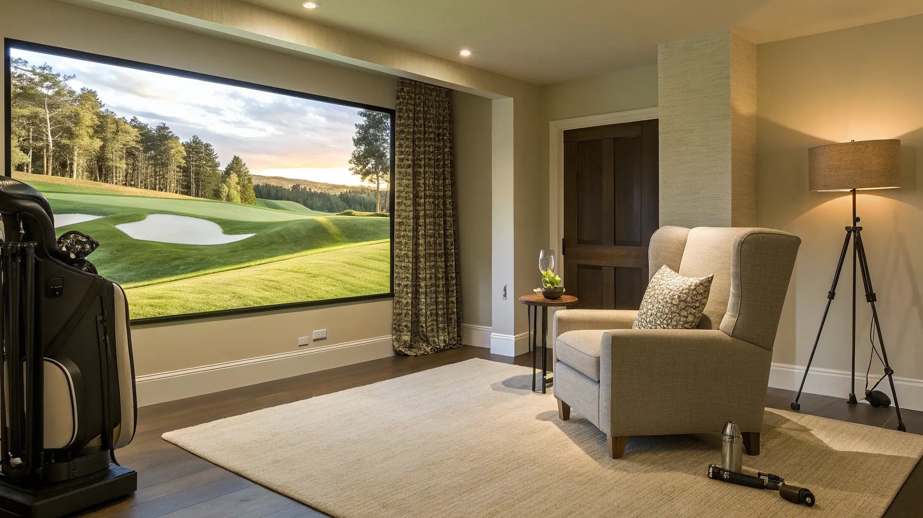 Modern golf simulator room design with a large impact screen, lounge chair, and stylish lighting.