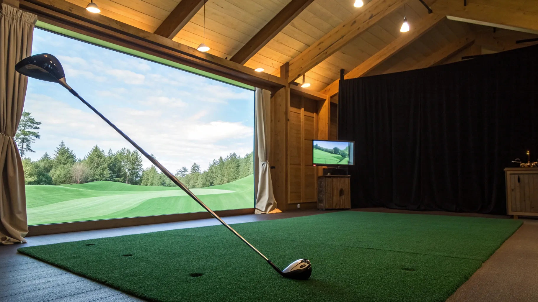 A professional golf simulator with the components that determine its total cost.