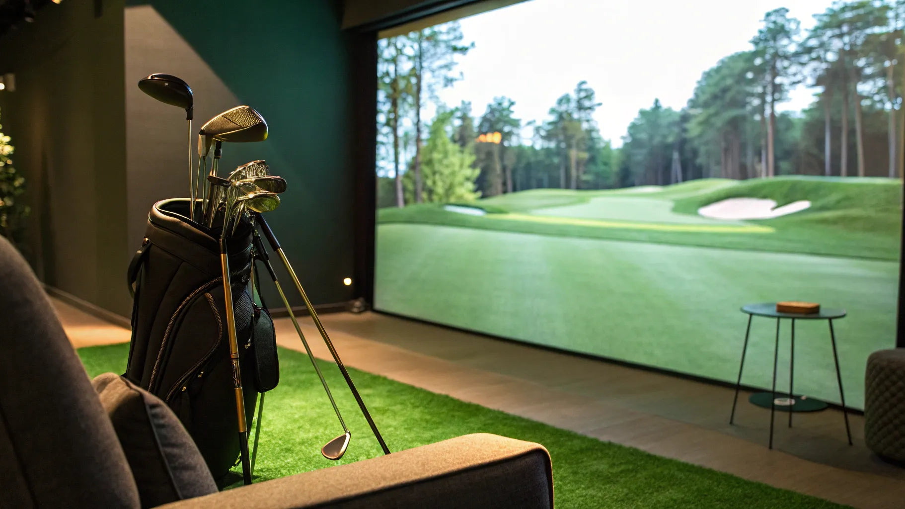 The Brew Kettle's indoor golf simulator bay with a virtual course on screen, clubs, and lounge seating.