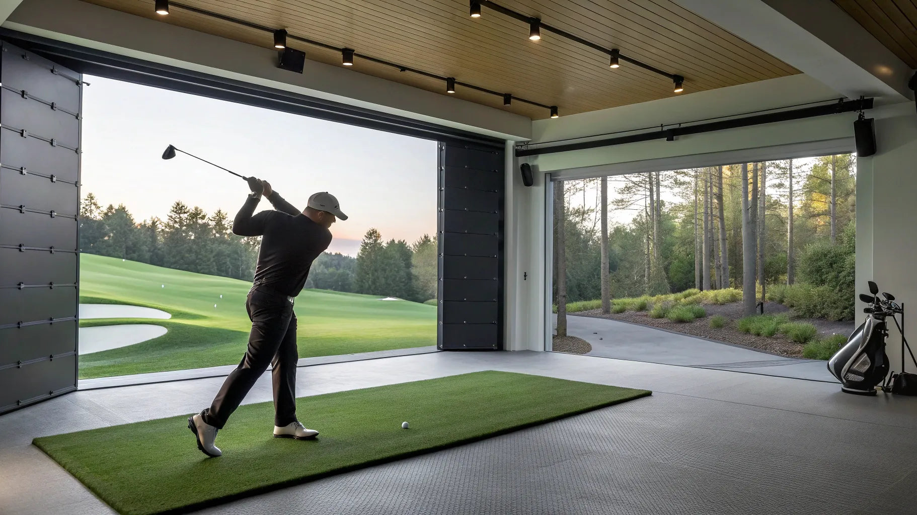Golf simulator setup in garage with hitting mat.