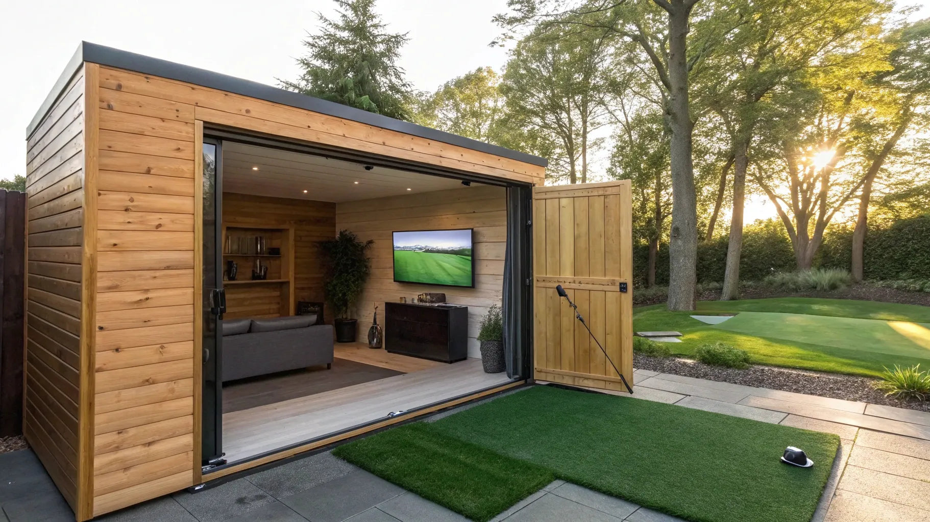 Modern DIY golf simulator shed with a finished interior and backyard putting green.