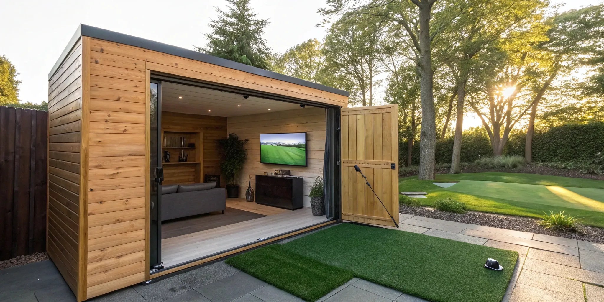 Modern DIY golf simulator shed with a finished interior and backyard putting green.