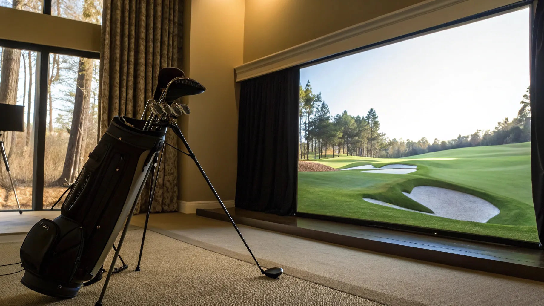 A dedicated golf simulator projector casting a bright image of a course onto an impact screen.