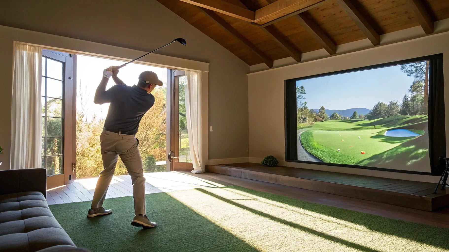 A man using one of the best golf simulators for home to practice his swing.