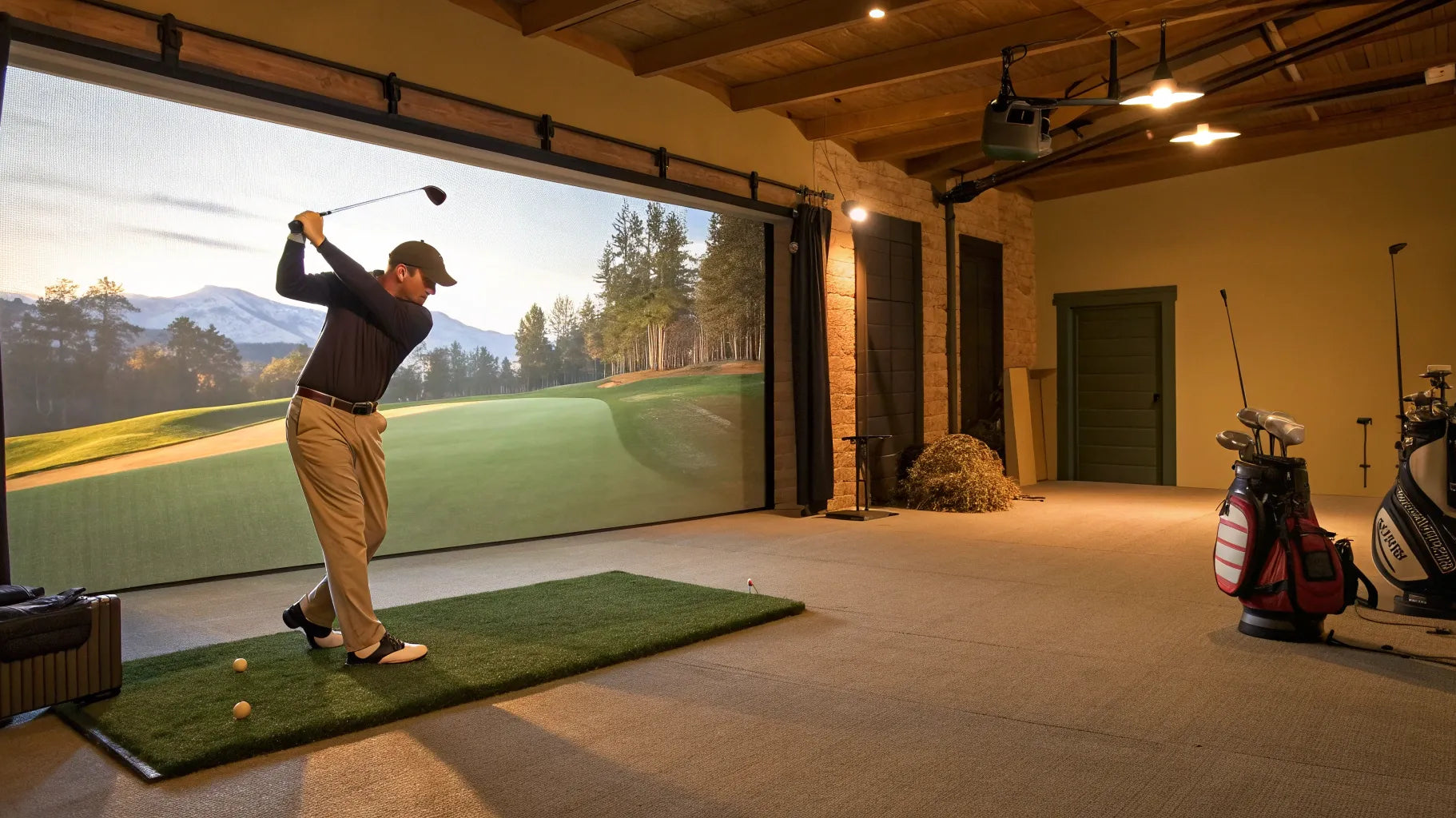 Man swinging a golf club in a garage golf simulator with the ideal dimensions for a full swing.