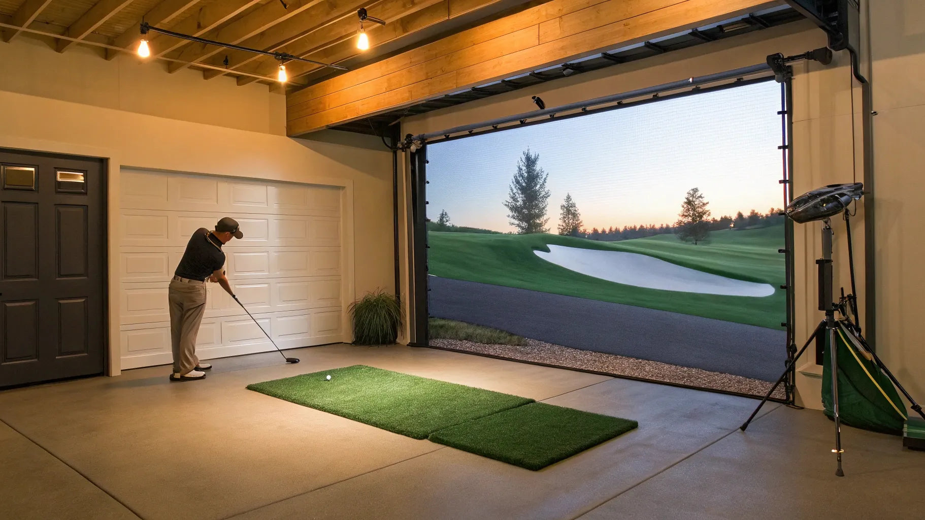 A garage golf simulator package with a hitting mat, launch monitor, and large projection screen.