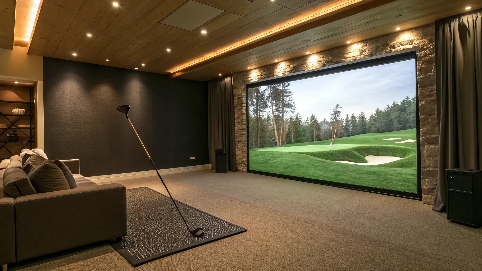 A home golf simulator setup with a large screen, projector, and turf hitting mat.