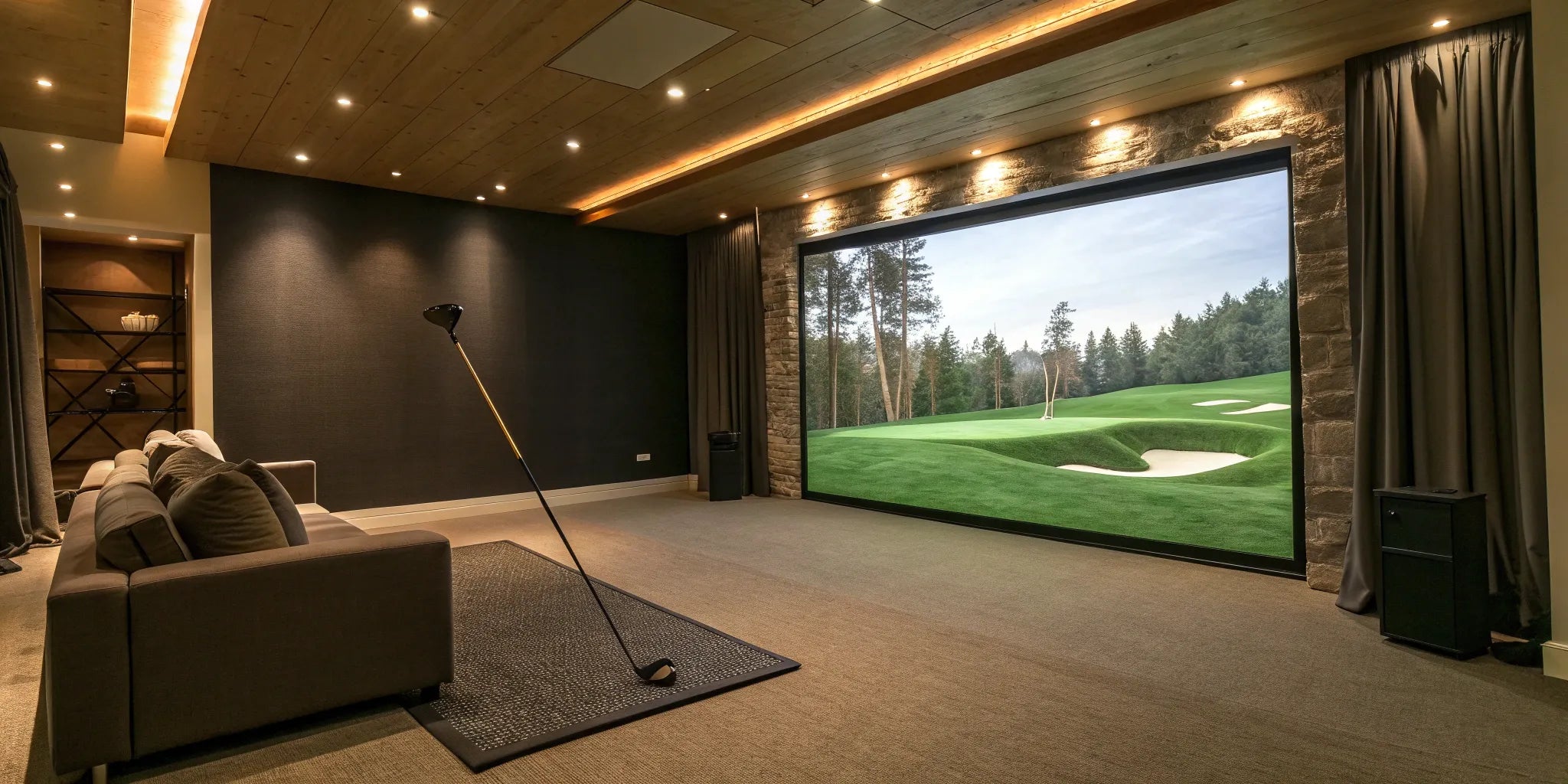 A home golf simulator setup with a large screen, projector, and turf hitting mat.