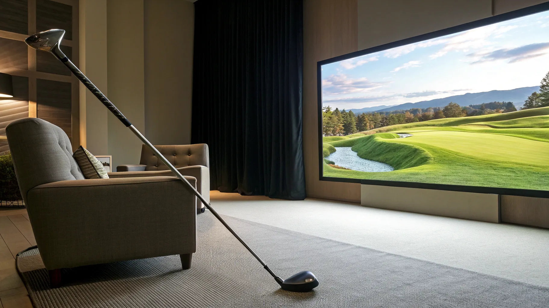 A home golf simulator with a large impact screen built as a DIY project.