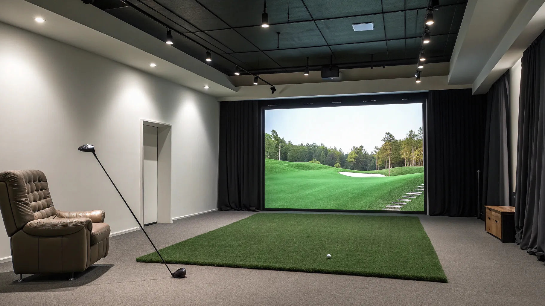 Spacious golf simulator room with a large screen, designed for proper metric dimensions.