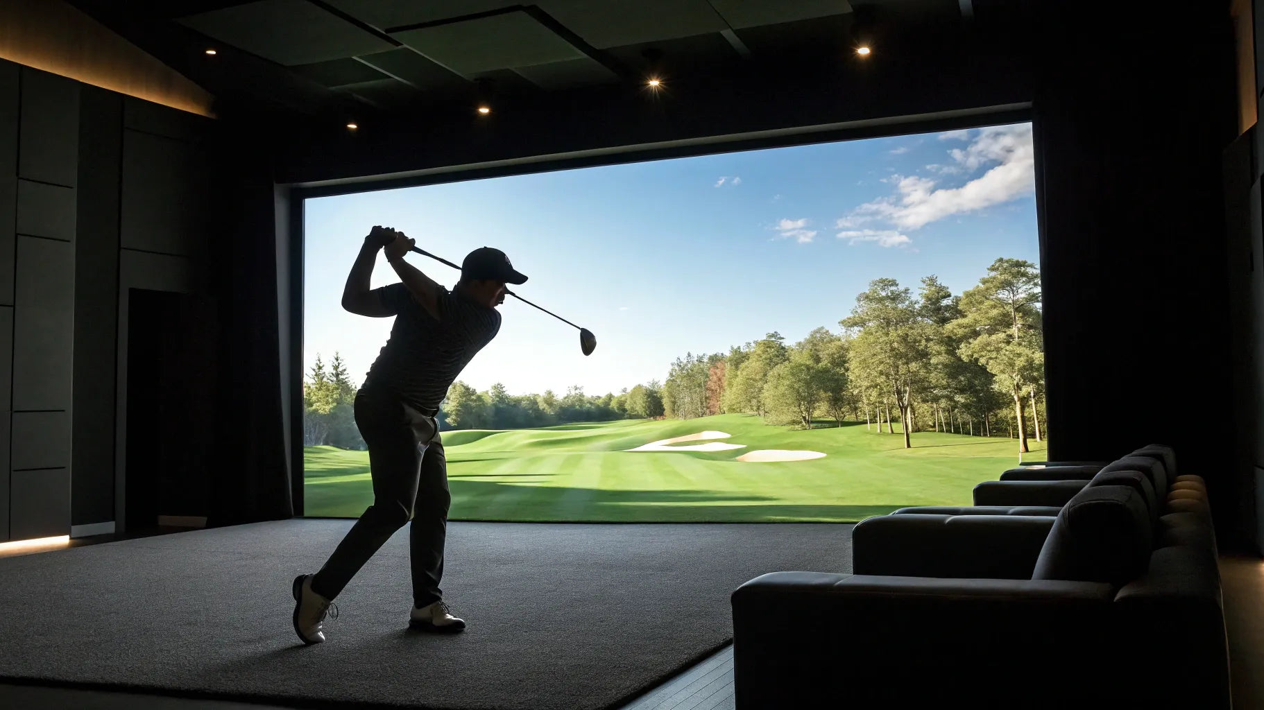 A man swings his club inside a Houston golf simulator bar.