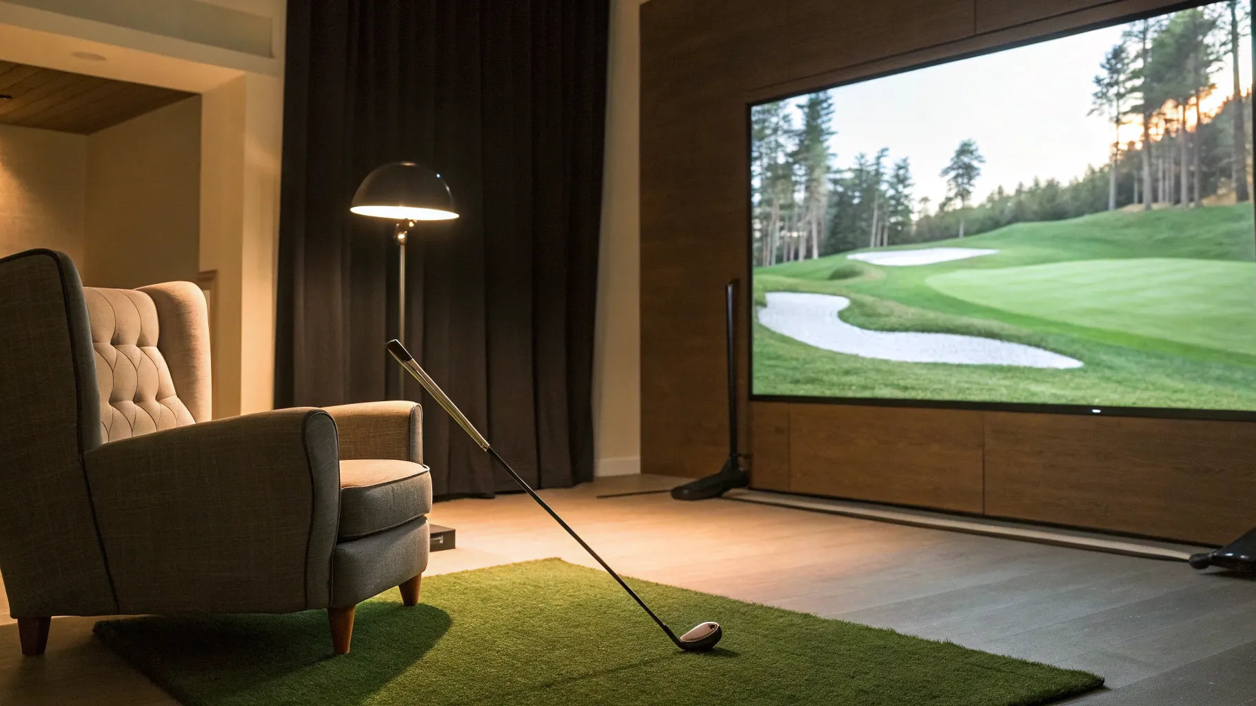 A home golf simulator with a large impact screen, projector, and turf hitting mat.