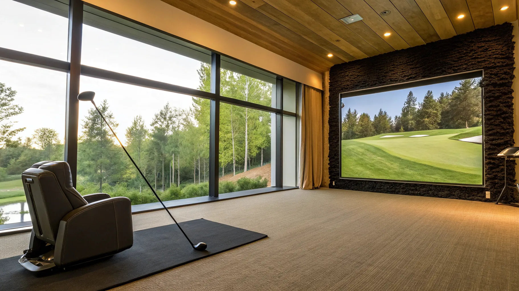 A premium home golf simulator build with a large screen, enclosure, and hitting mat.