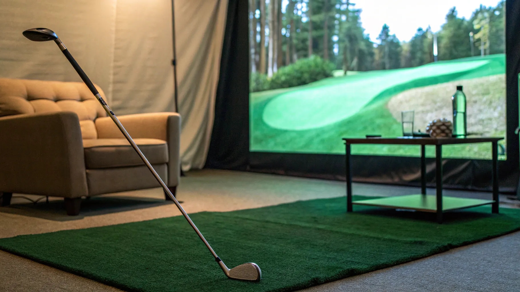 A golf simulator enclosure kit with an impact screen set up for indoor home practice.