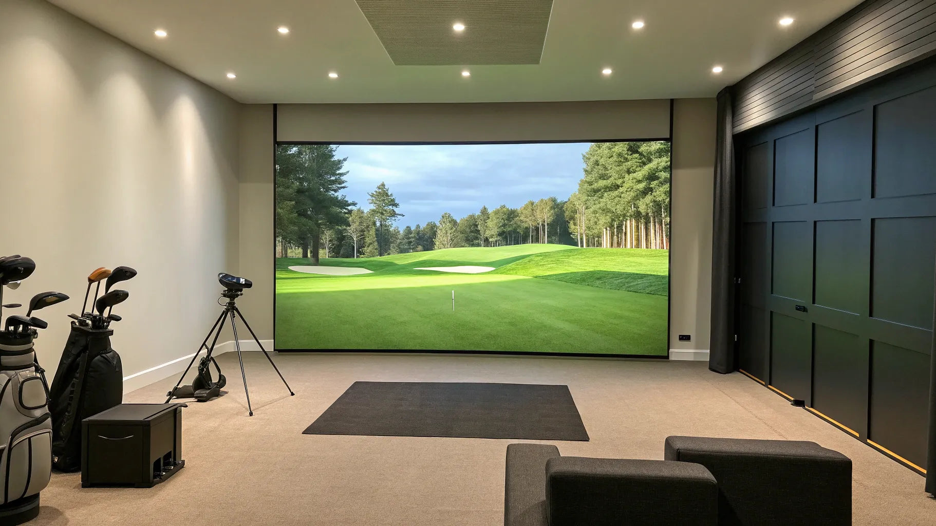 A golf simulator in a room with the minimum space required for a full swing and safety.