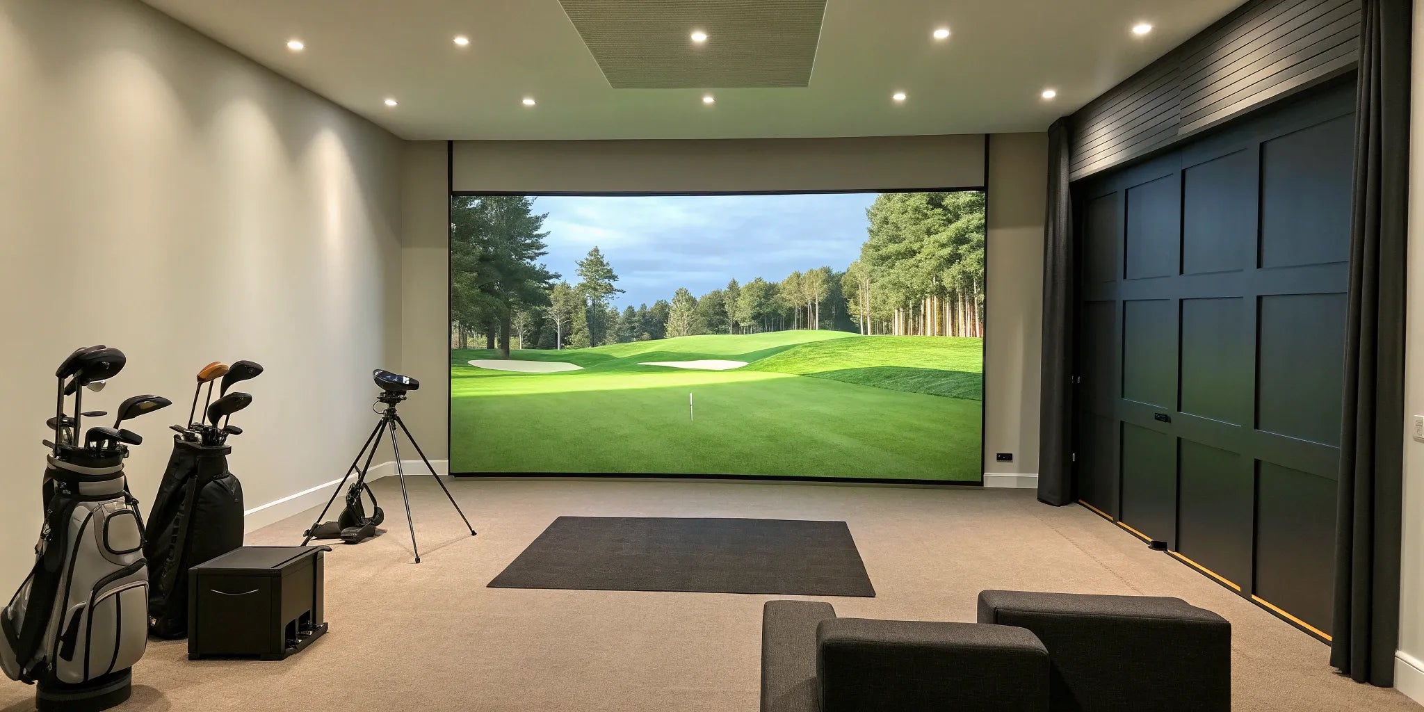 A golf simulator in a room with the minimum space required for a full swing and safety.