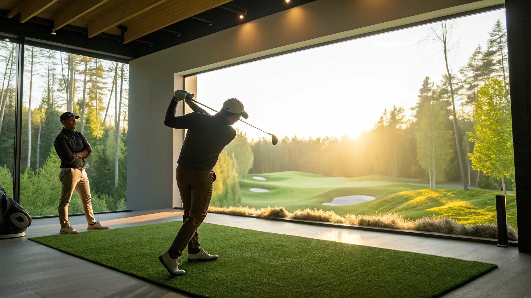 An overhead launch monitor setup for an indoor golf simulator comparison.