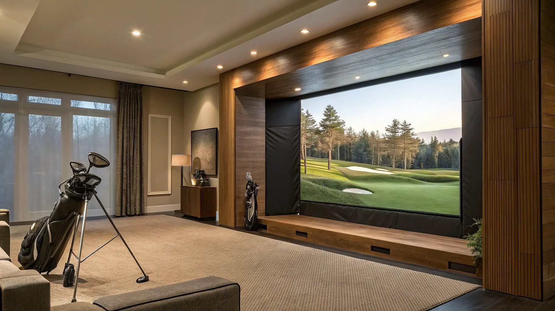 A home golf simulator with a retractable impact screen installed in a multi-use room.