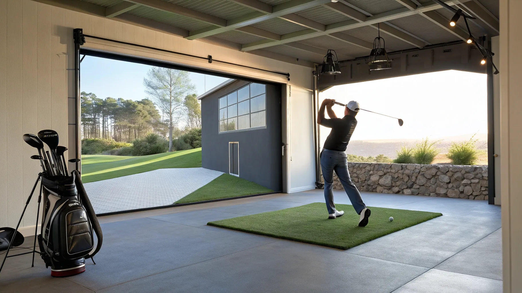 A DIY home golf simulator build in a garage with an impact screen and hitting mat.