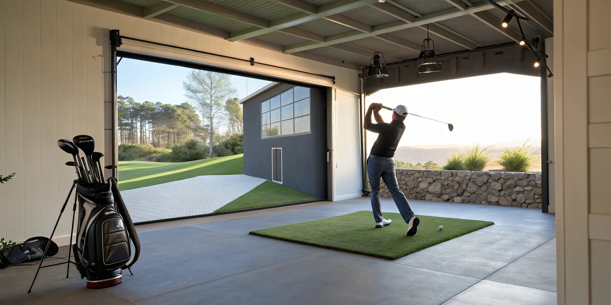 A DIY home golf simulator build in a garage with an impact screen and hitting mat.