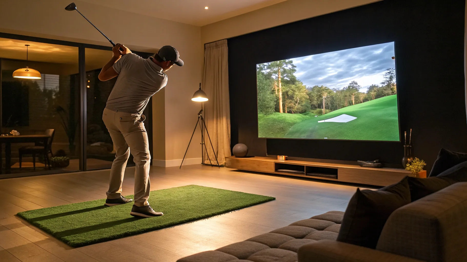 Golfer swinging during a home golf simulator competition on a large virtual course screen.