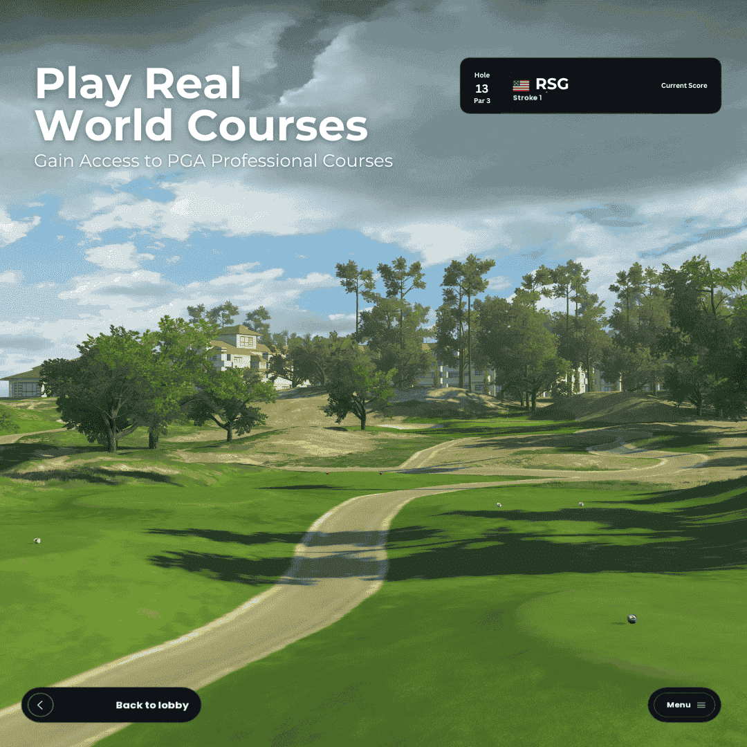 Golf course with trees and sky, promotional text for PGA professional courses.