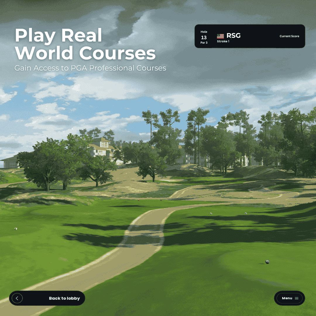 Golf course with trees and sky, promotional text for PGA professional courses.