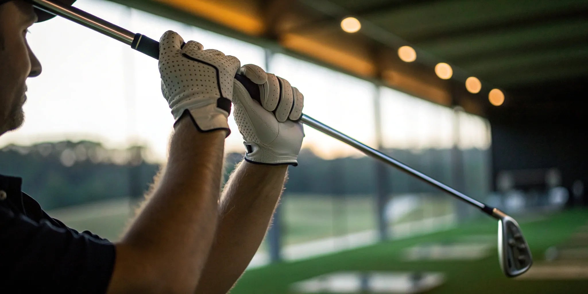 Golfer using a golf swing plane tool to improve consistency.