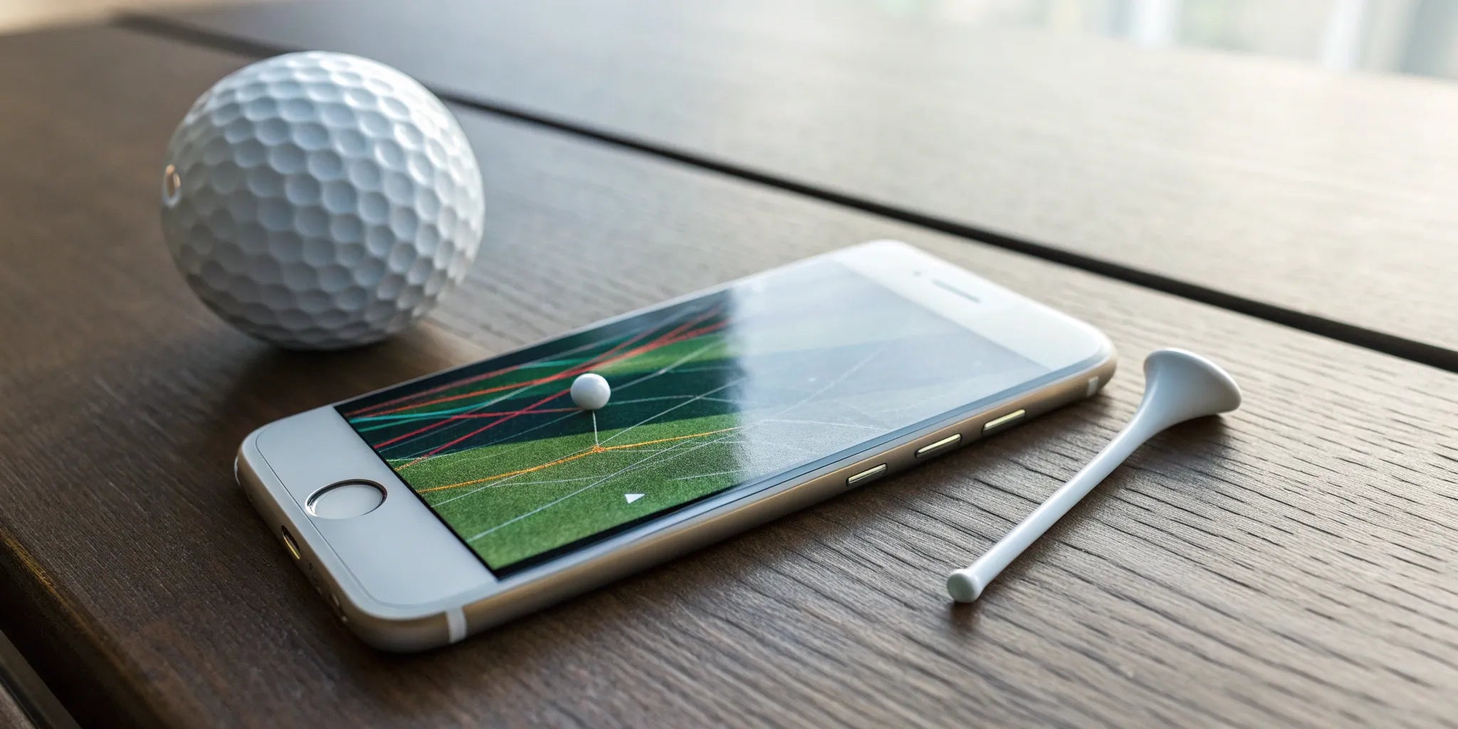 A phone running a launch monitor app to track golf shot data.