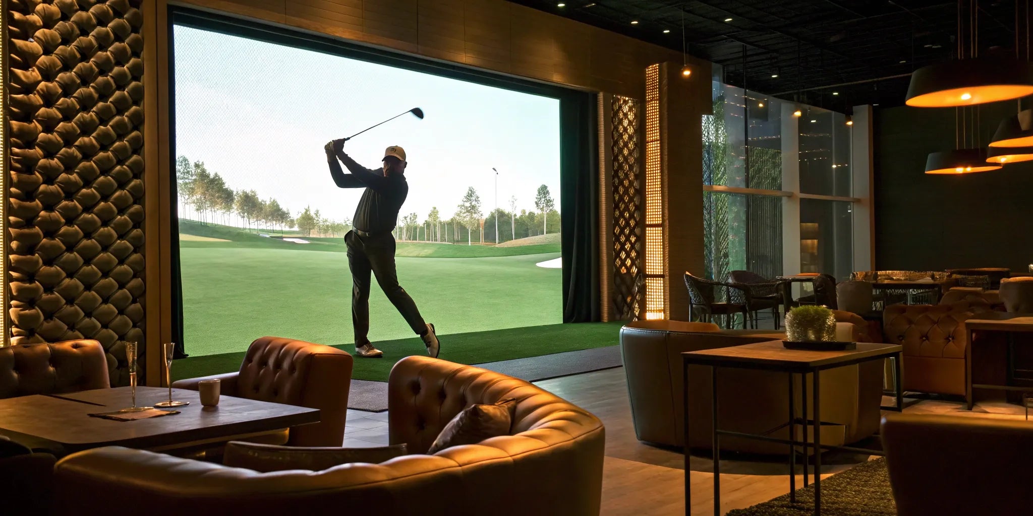 A golfer swings at an indoor golf simulator in a modern sports bar.