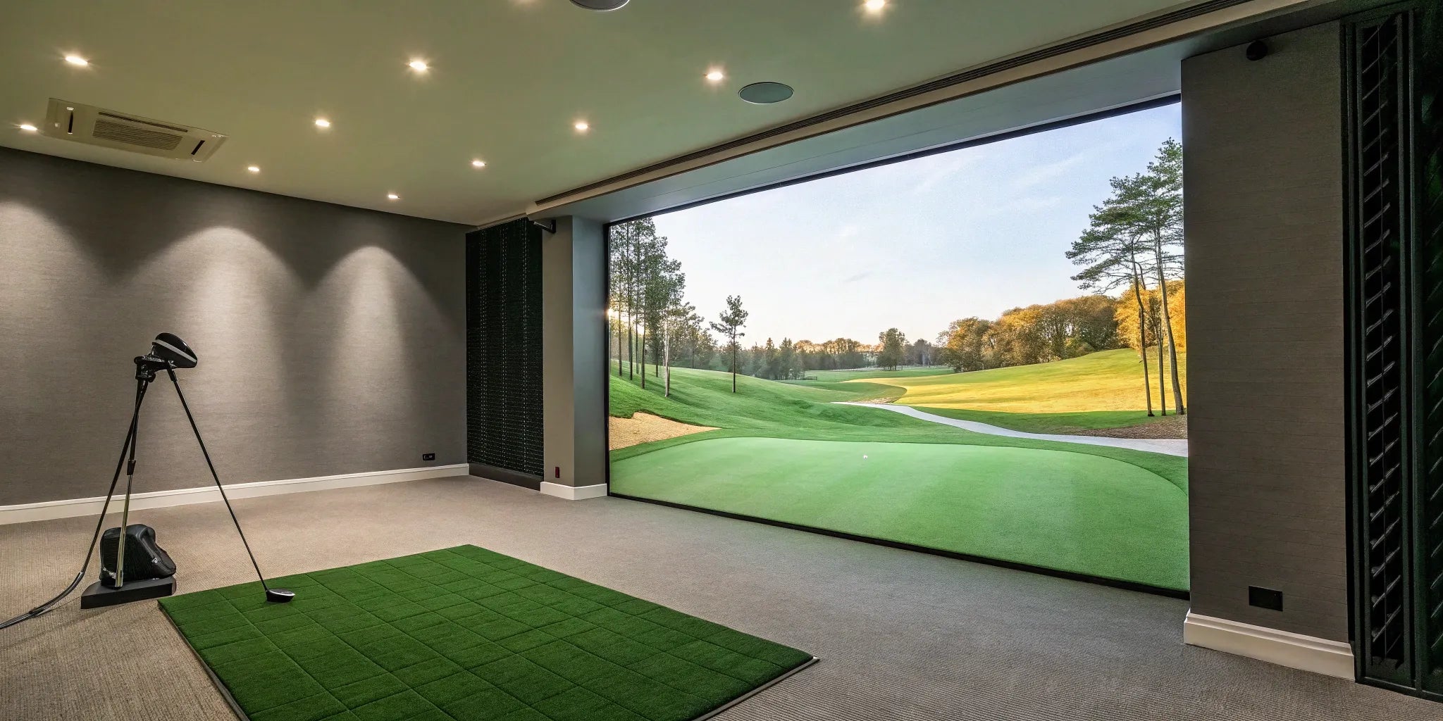 A home golf simulator setup using the best golf sim projector for a bright, clear image.