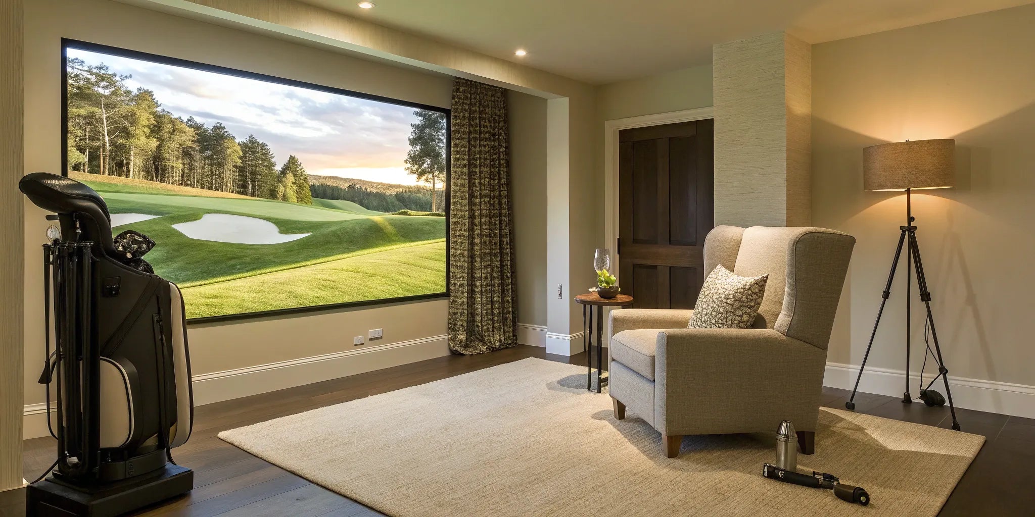 Modern golf simulator room design with a large impact screen, lounge chair, and stylish lighting.