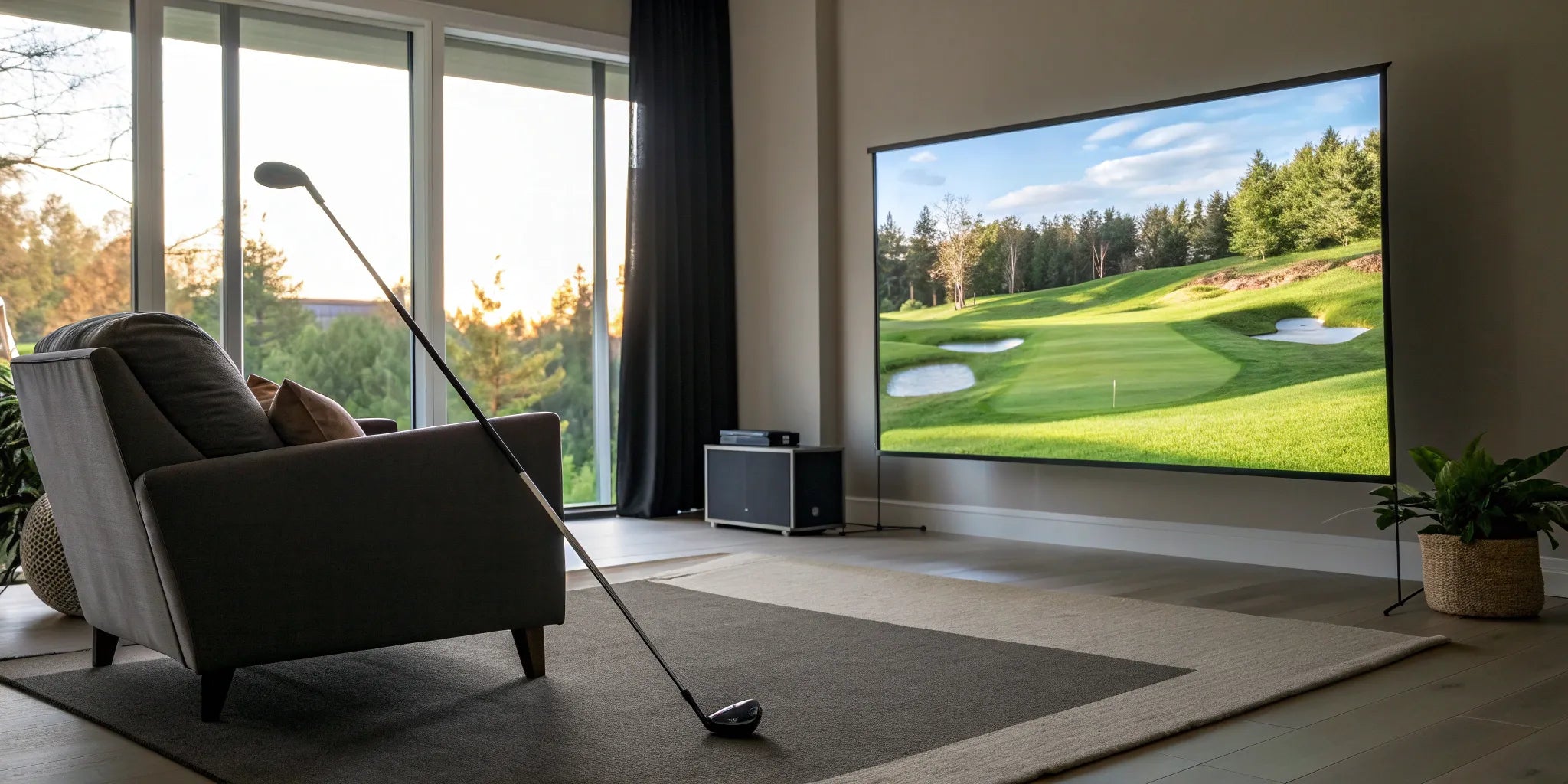 A 4k golf simulator projector displaying a realistic golf course in a home setup.