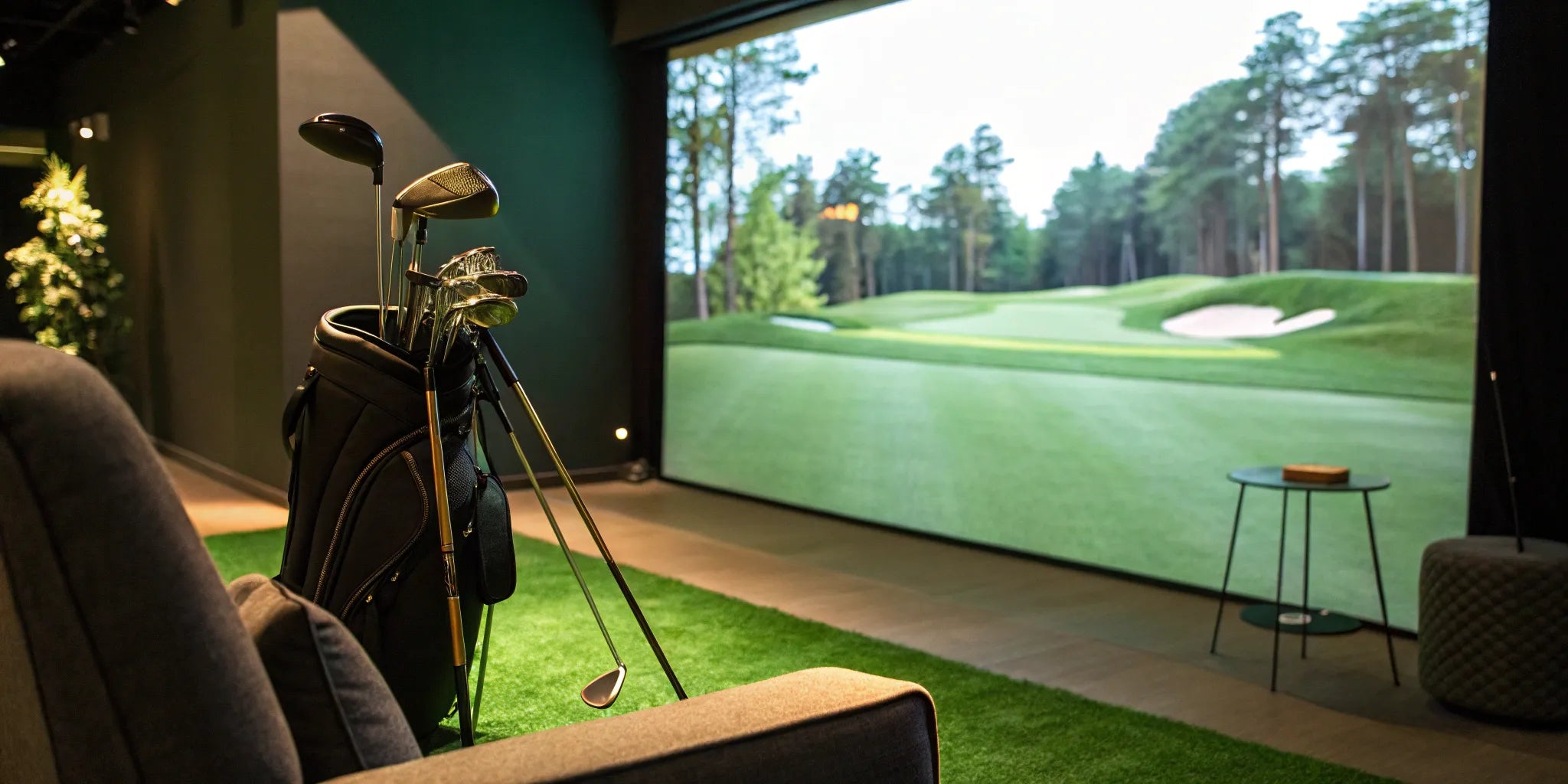 The Brew Kettle's indoor golf simulator bay with a virtual course on screen, clubs, and lounge seating.