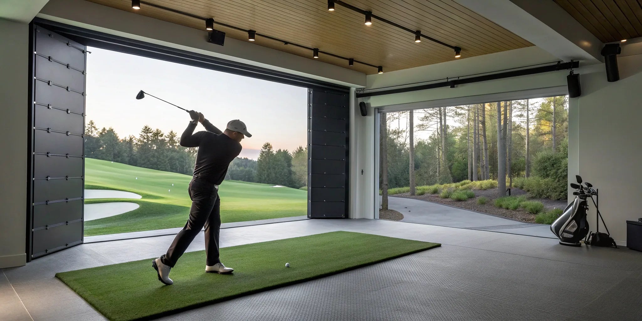 Golf simulator setup in garage with hitting mat.