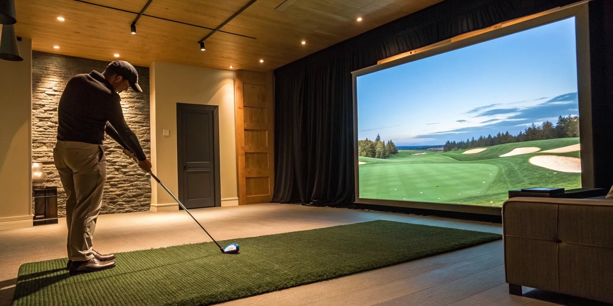 Man taking a swing in a premium commercial golf simulator with an immersive screen.