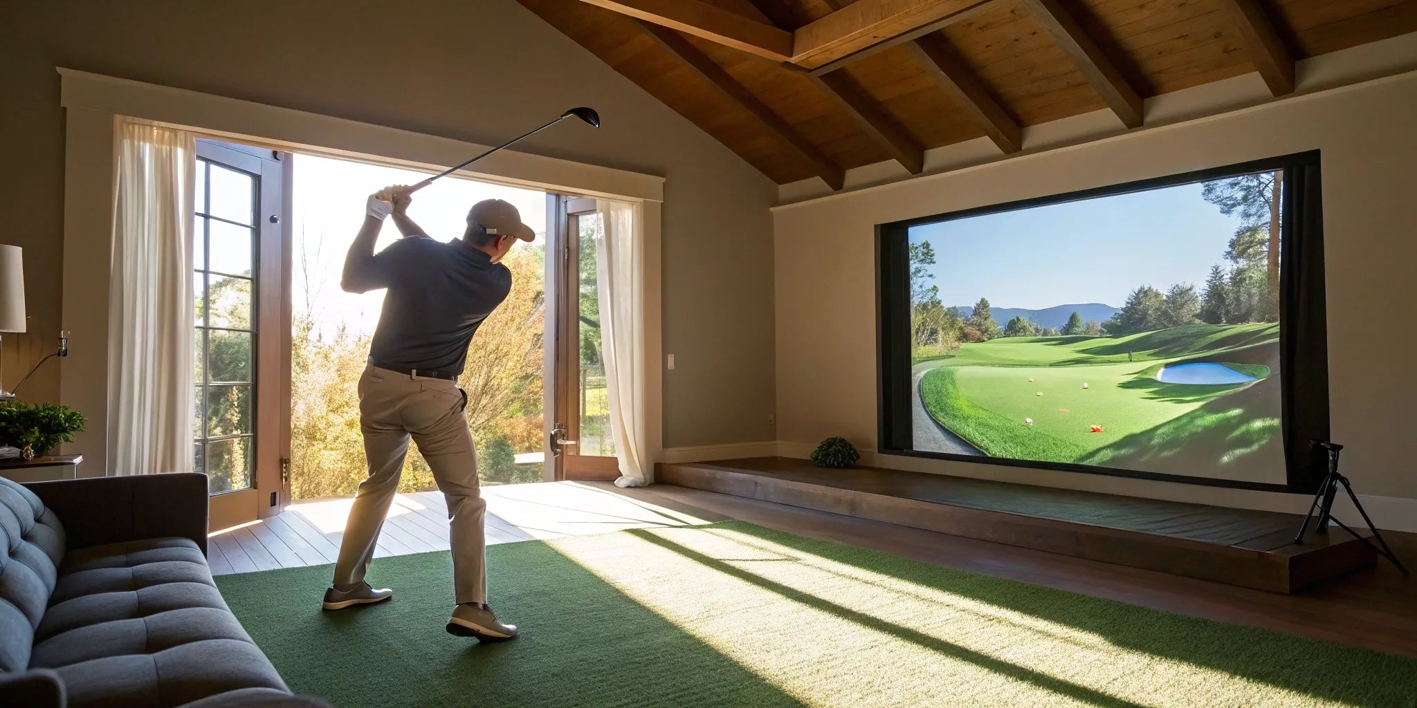 A man using one of the best golf simulators for home to practice his swing.