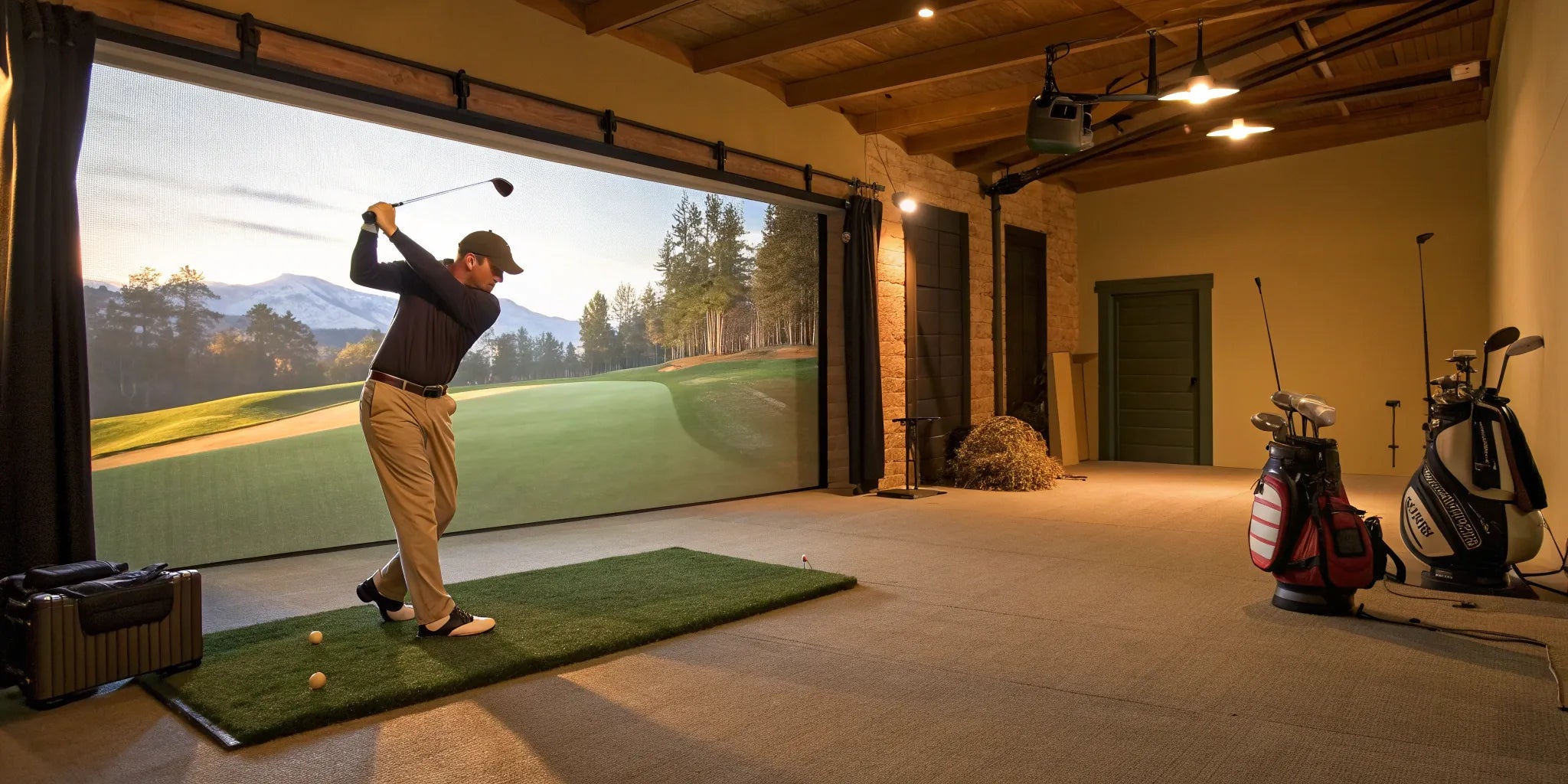 Man swinging a golf club in a garage golf simulator with the ideal dimensions for a full swing.