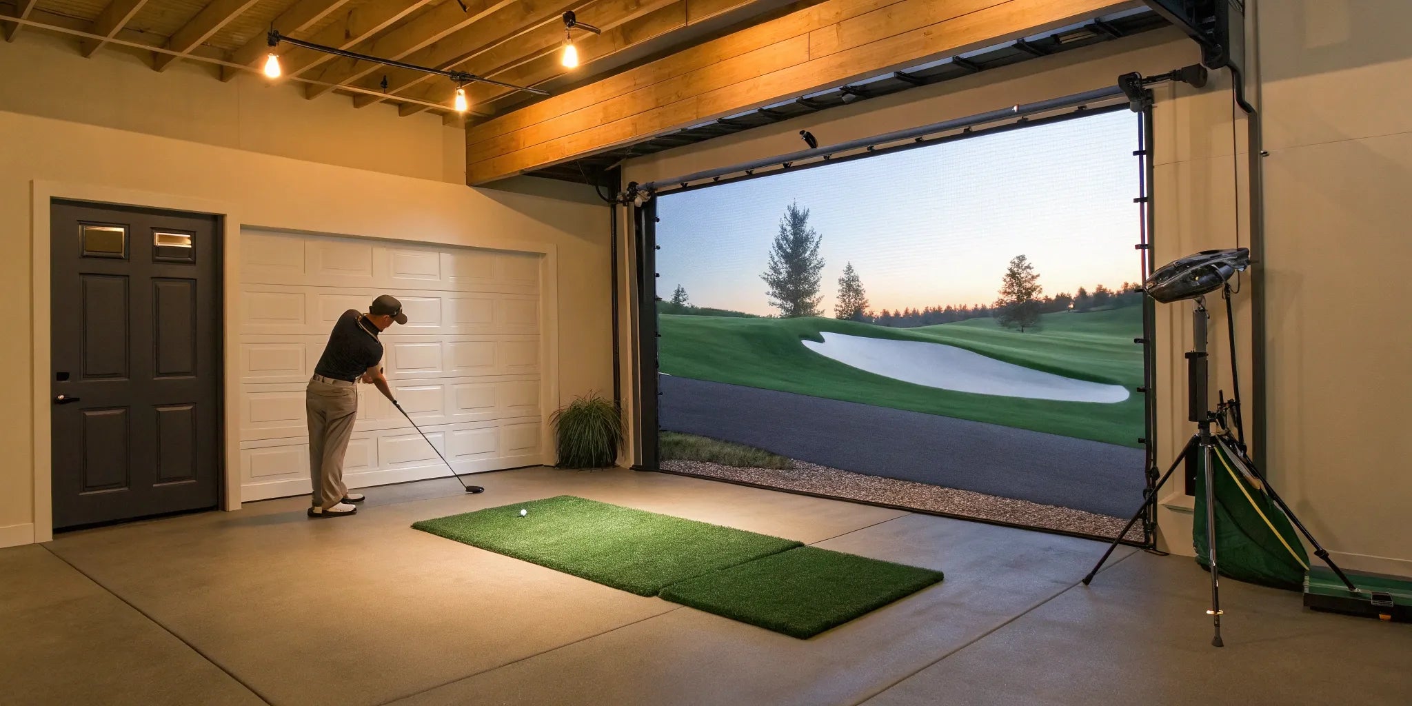 A garage golf simulator package with a hitting mat, launch monitor, and large projection screen.