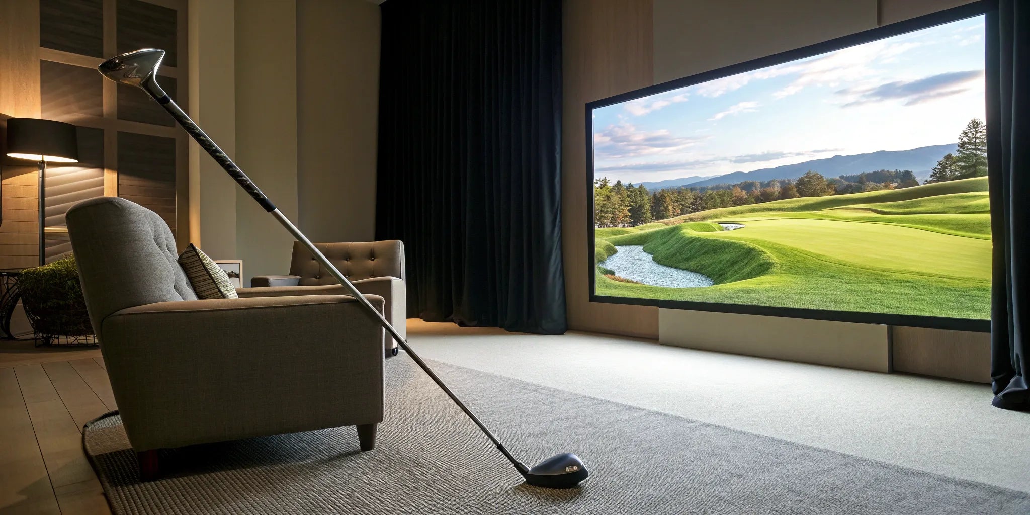 A home golf simulator with a large impact screen built as a DIY project.