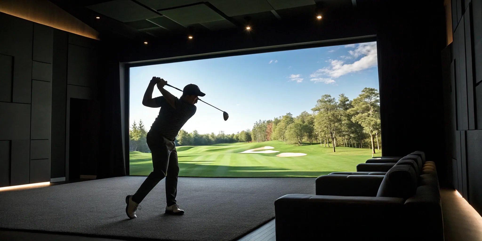A man swings his club inside a Houston golf simulator bar.