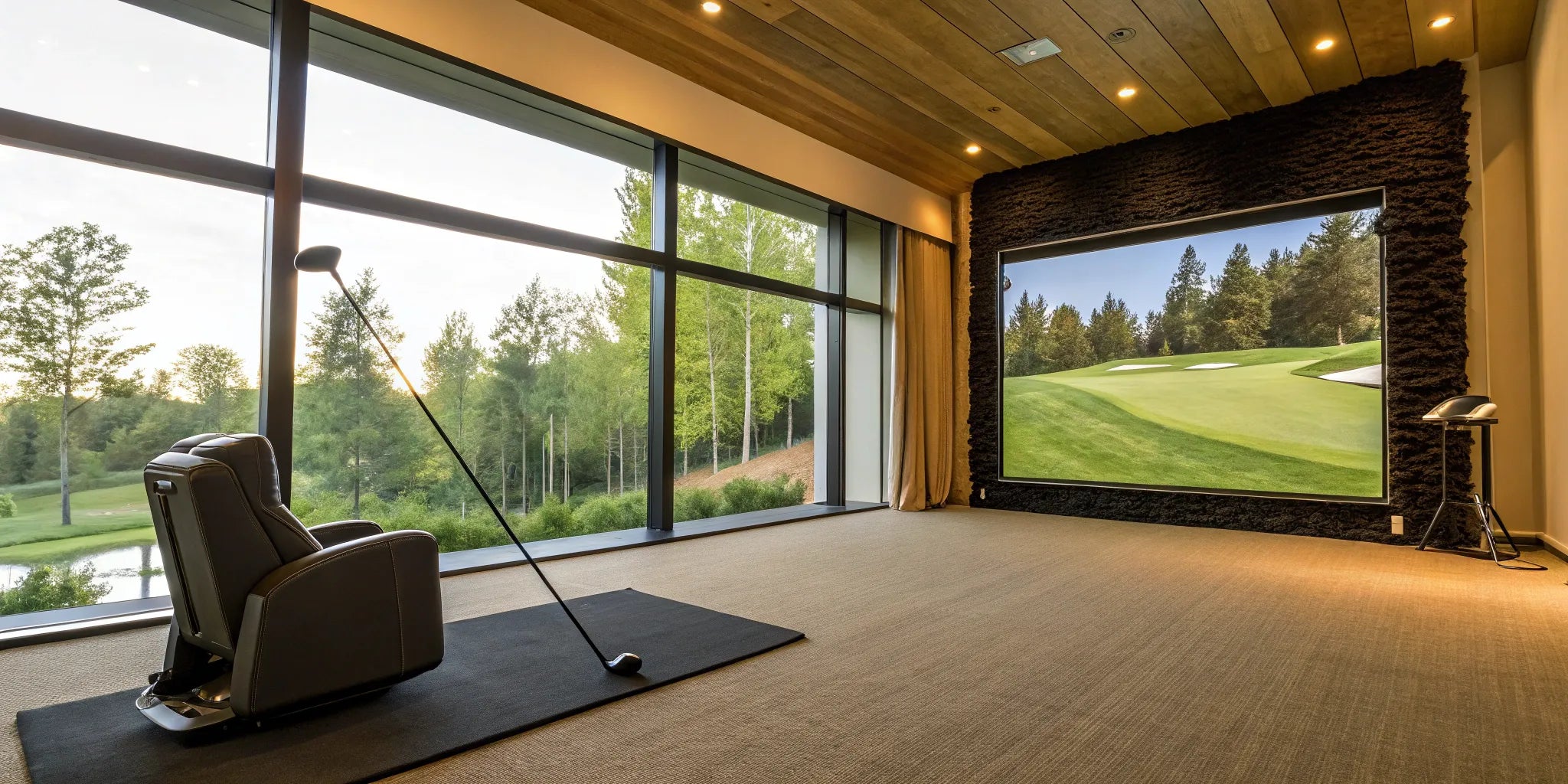 A premium home golf simulator build with a large screen, enclosure, and hitting mat.