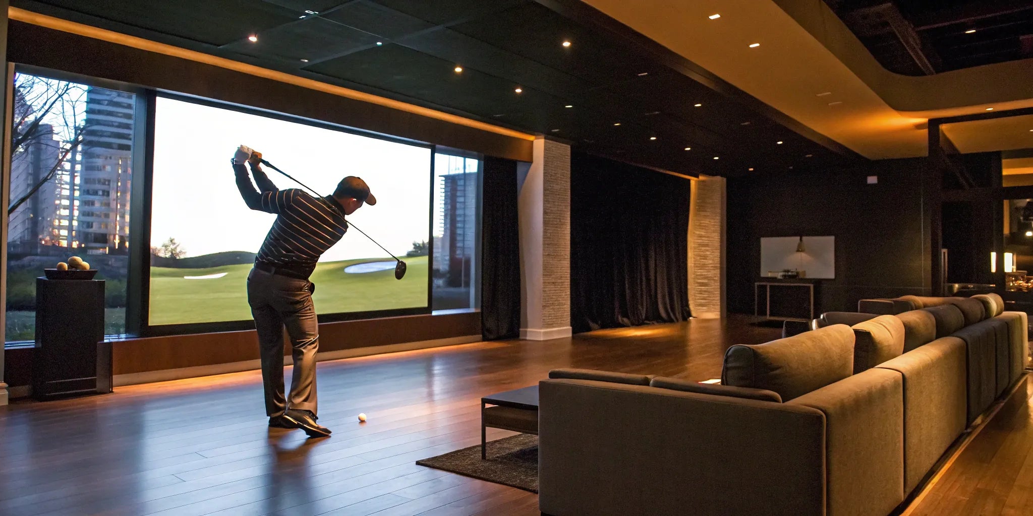 Man playing a round on an indoor golf simulator at a modern bar.