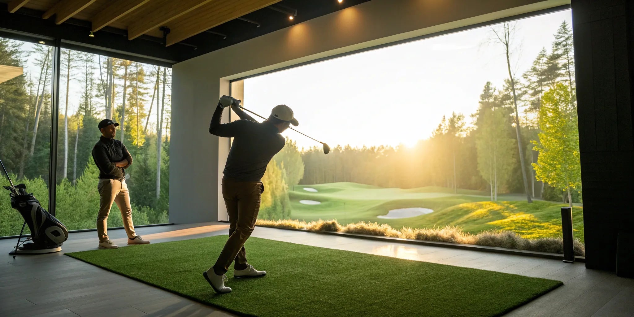 An overhead launch monitor setup for an indoor golf simulator comparison.