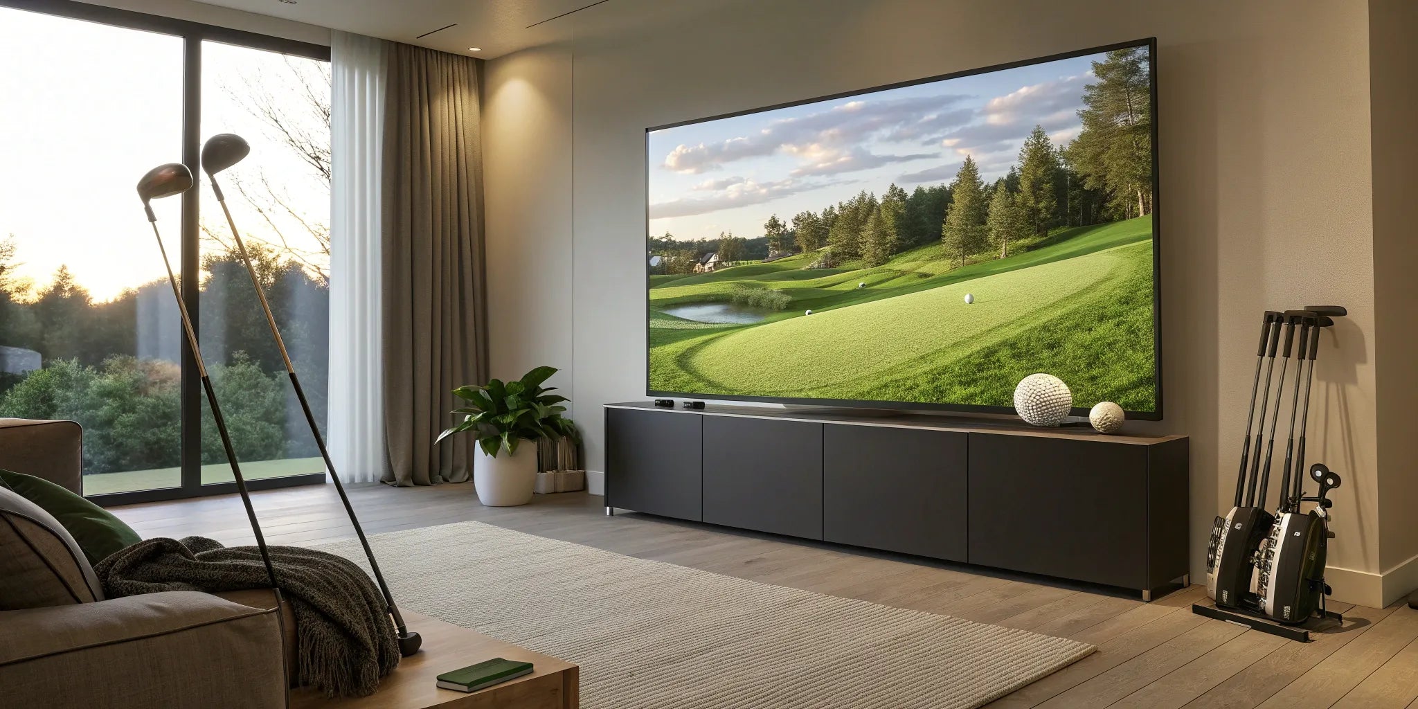 An indoor golf simulator with a large screen, ready for a round of golf in Madison.