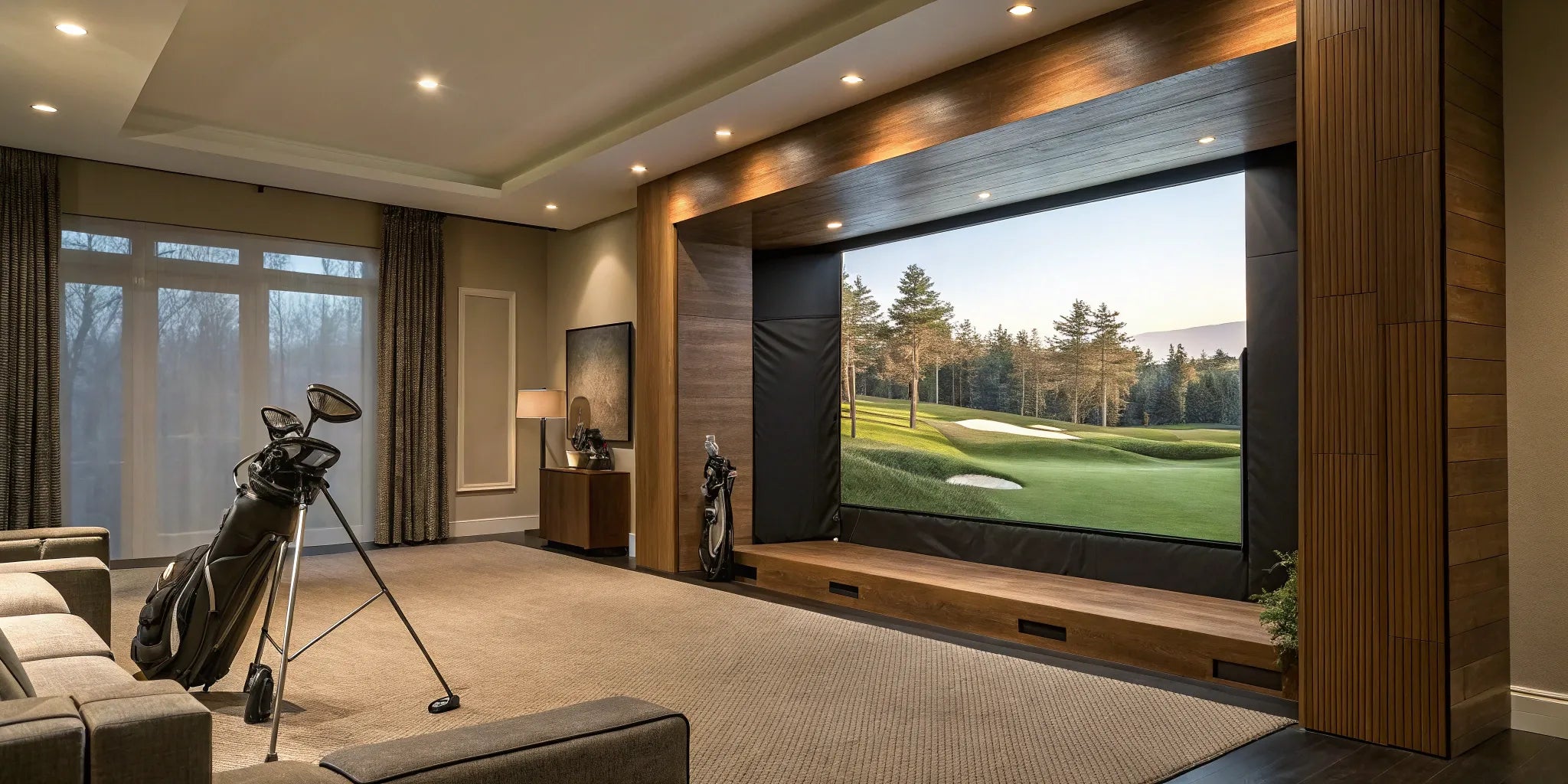 A home golf simulator with a retractable impact screen installed in a multi-use room.