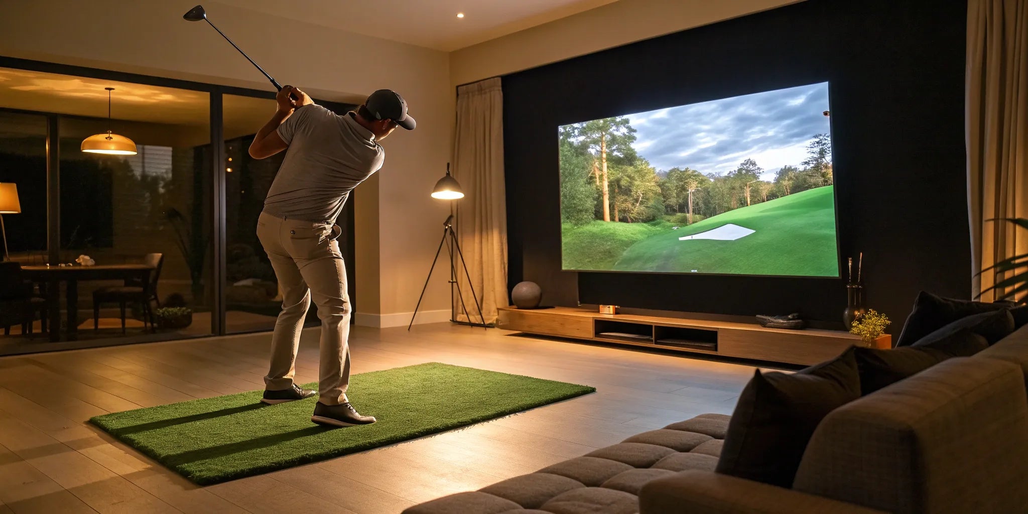 Golfer swinging during a home golf simulator competition on a large virtual course screen.