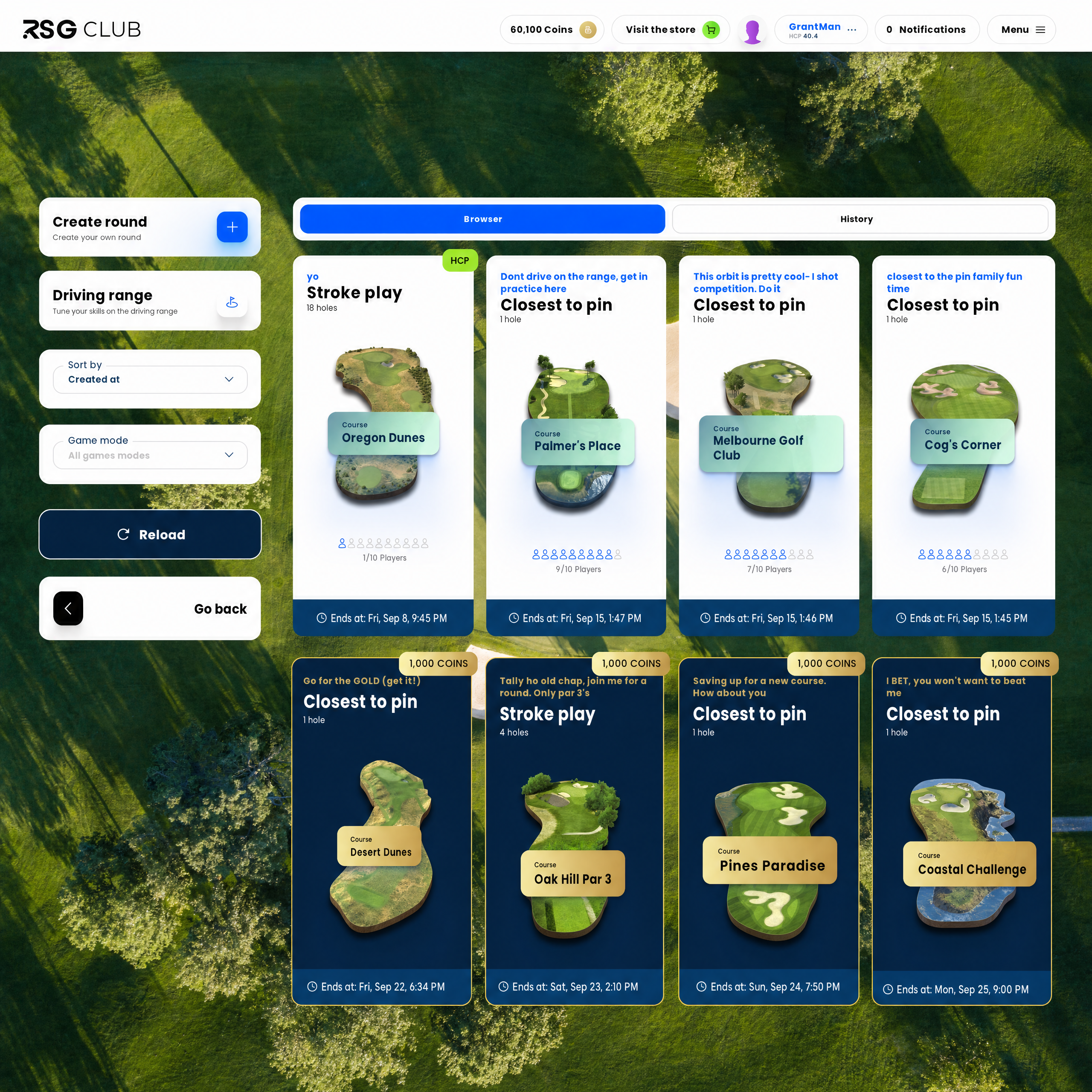 A screenshot of a golf club membership dashboard or app interface showing multiple round cards with golf course names and pin/closing details, overlaid on an aerial landscape background. Visible branding at the top includes RSG CLUB.